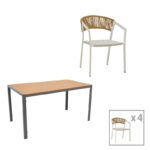 Dining table Nares- Glisten C set of 5 anthracite-white aluminum and plywood in natural color 140x80x72.5cm