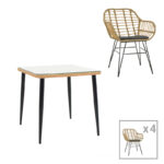 Dining table Naoki V set of 5 rattan pe in natural shade and black metal 80x80x78cm