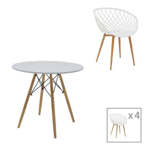 Ezra-Julita dining table set of 5 pp-mdf in white-natural color D80x73cm
