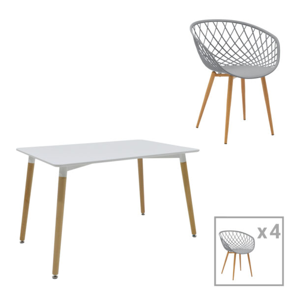 Ezra-Natali dining table set of 5 pp-mdf in grey-white color with natural legs 120x80x76cm