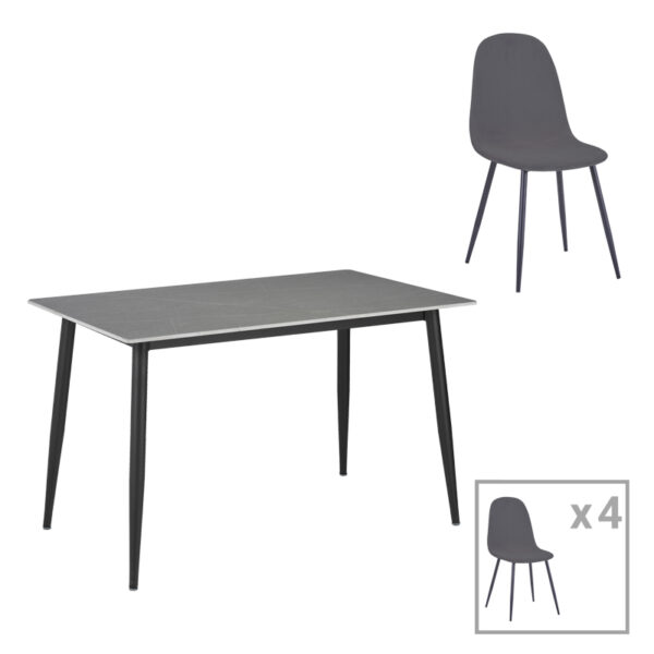 Dining table Gustas-Bella E set of 5 gray marble sintered stone-black metal 140x80x75cm