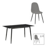 Dining table Gustas-Bella set of 5 pieces gray velvet with black sintered stone marble 120x60x75cm