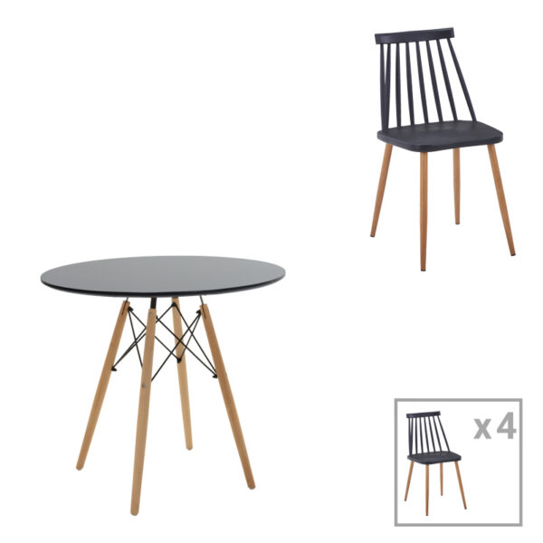 Dining table set of 5 pieces Julita-Aurora I in black-natural color D80x73cm