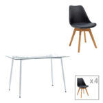 Quana-Gaston dining table set of 5 pieces, 8mm transparent glass - black leg - black shade 120x70x75cm
