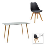 Chloe -Gaston dining table set of 5 pieces, 8mm anthracite glass - natural leg 120x70x75cm