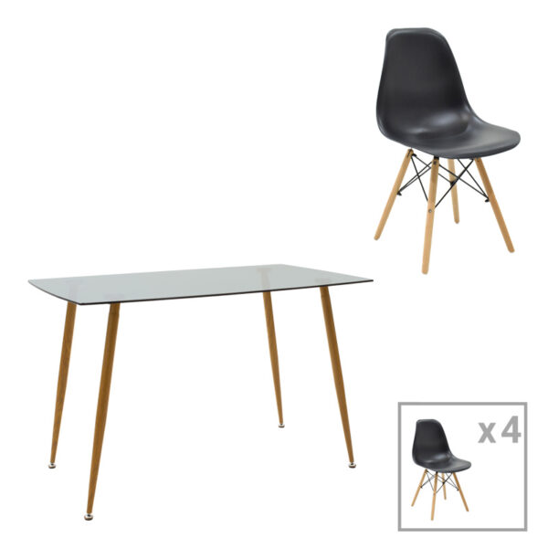 Chloe-Julita dining table set of 5 pieces, 8mm anthracite glass - natural leg 120x70x75cm