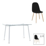 Dining table set of 5 pieces Quana-Bella clear glass and black metal leg 120x70x75cm