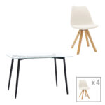 Quana-Caron dining table set of 5 pieces glass 8mm transparent - white leg 120x70x75cm
