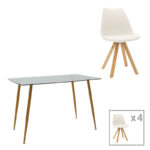 Chloe-Caron dining table set of 5 pieces, 8mm anthracite glass - natural leg 120x70x75cm