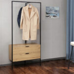 Entrance furniture Keila melamine in natural shade and black metal 85x45x190cm - Слика 2