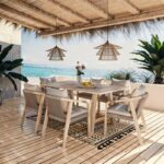 Malibu dining table 7pcs solid acacia wood-beige fabric - Image 2