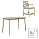 Dining room Bravo-Amalfi set of 7 solid acacia wood and beige fabric 130x70x90cm