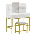 Dressing table-mirror with stool Excellence white melamine-gold metal 90x40x120cm