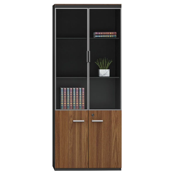 Professional bookcase Oscar with doors by glass walnut-anhracite color 80x40x200cm