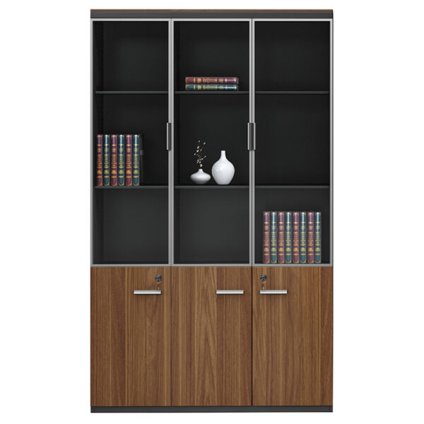 Professional bookcase Oscar with doors by glass walnut-anhracite color 120x40x200cm