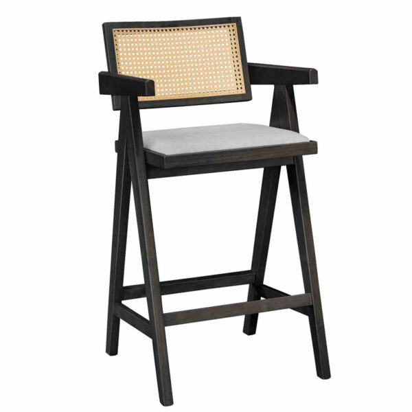 Bar stool with arms Winslow wood rubberwood black-pvc rattan natural-fabric gray