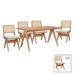 Winslow dining table set of 7 rubberwood in light walnut shade 160x85x75cm