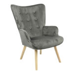 Фотелја мека кадифена ткаенина темно сива-природна ногарка 75x69x96 см