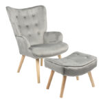 Armchair with footstool Vivienne velvet fabric grey-natural leg 75x69x96cm