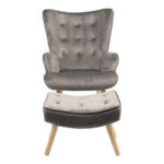 Armchair with footstool Vivienne velvet fabric dark grey-natural leg 75x69x96cm - Image 3