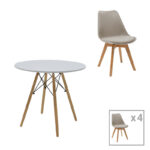 Julita-Gaston dining table set of 5 MDF and beech wood in gray-white-natural shade D80x73cm