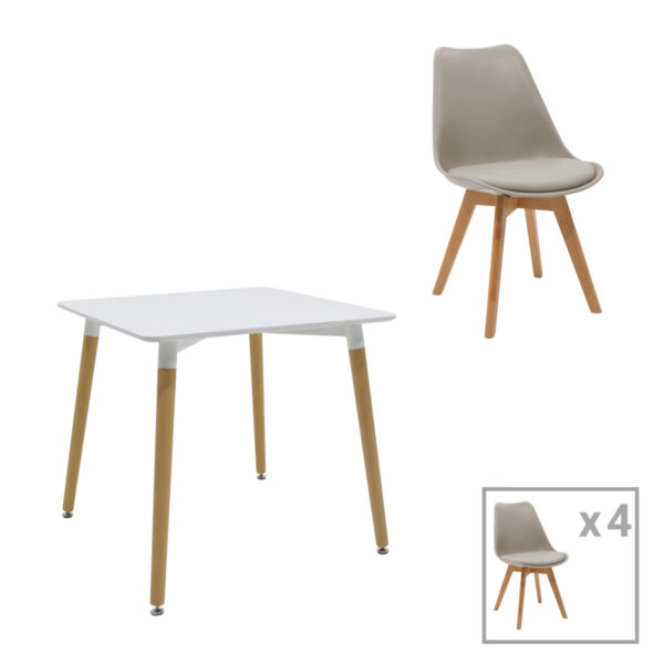 Dining table Natali-Gaston set of 5 MDF and beech wood in gray-white-natural shade 80x80x76cm