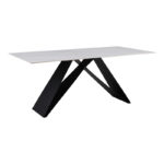 Кујнска маса Meja од синтеруван бел камен со црни метални ногарки 180x90x76 см