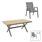 Thorio-Azelie dining table set of 5 anthracite aluminum and plywood in natural shade 160x90x75cm