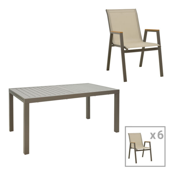Lafla-Azelie dining table set of 7 champagne aluminum and plywood in natural shade 160-240x100x75cm