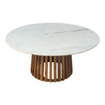 Mable Inart coffee table solid acacia wood in natural color and marble surface top D100x45cm - Image 2