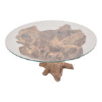 Coffee table Motive Inart natural-black solid teak wood-glass D80x45cm - Слика 2
