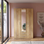 Jakrine melamine three-leaf wardrobe melamine with mirror in oak with 3 grey shelves 133.2x54.2x210.5cm - Image 2