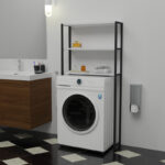 Laundry cabinet Bothy white melamine-black metal 70x21x150cm - Image 2