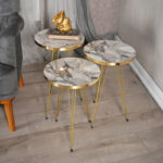 Side tables Wakmi 3 pieces set grey beige marble melamine-gold metal - Слика 2