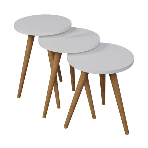 Side tables Perjene set of 3 pieces melamine in white shade and wooden legs