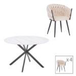 Vivian-Stoyen dining table 5 pcs beige velvet - white marble Φ120x75cm