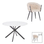 Vivian-Stoyen dining table 5 pcs beige velvet - white with black  marble Φ120x75cm