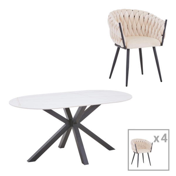 Vivian-Makrey dining table 5 pcs beige velvet - white marble 160x90x75cm