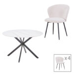 Dining table Karg-Stoyen 5 pcs white fabric - white-beige marble Φ120x75cm