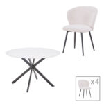 Dining table Karg-Stoyen 5 pcs white fabric - white-black marble Φ120x75cm