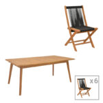 Трпезариски сет 7 парчиња тиково дрво Banou-Pino во природна боја - црна нијанса 180/240x100x75 см