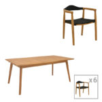 Dining set 7 pcs Ganny-Pino teak wood in natural - black shade 180/240x100x75cm