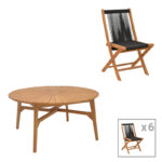 Dining table 7pcs.Banou-Colen teak wood in natural-black shade Φ150x75cm