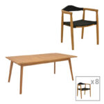 Dining set 9 pcs Ganny-Pino teak wood in natural - black shade 180/240x100x75cm