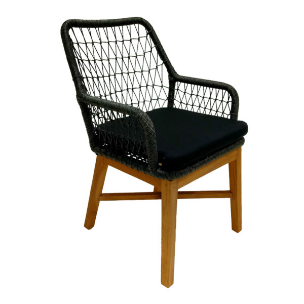 Armchair Elaiza teak wood and synthetic rope in natural-black shade with cushion 58x60x90cm