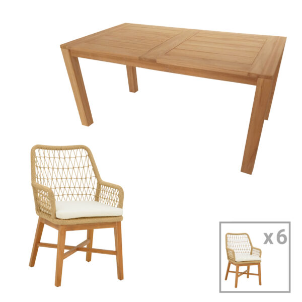 Dining set 7pcs Elaiza-Pablo teak wood in natural-beige shade 160x90x76cm