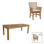 Dining table Inca-Wooly set of 7 pieces in natural-beige shade 220x90x75cm