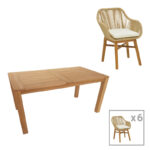 Трпезариска маса Kalie-Pablo сет од 7 парчиња во природно-беж нијанса 160x90x76 см