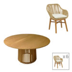 Kalie-Kenda dining set 7pcs in natural-beige shade Φ150x75cm