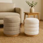 Pance Inart stool set of 2 boucle fabric in beige and white shade - Image 2